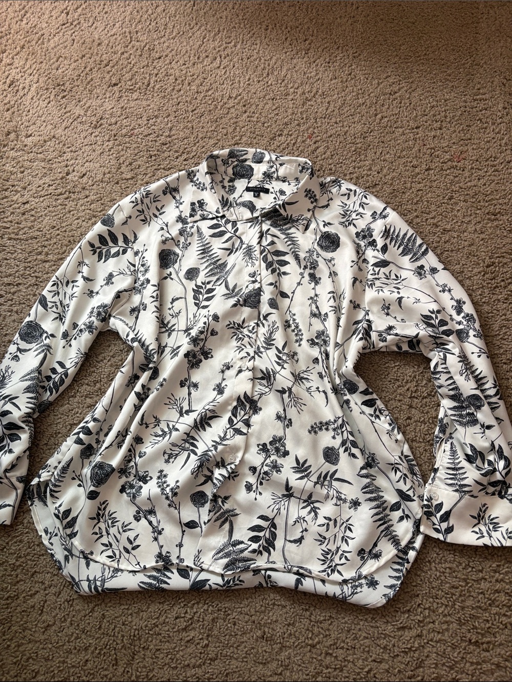 Dynamite White Button-Up Satin Shirt with Black Floral Print